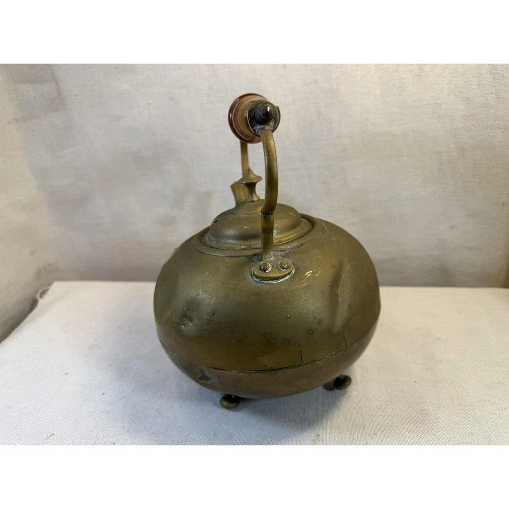 Antique‎ Brass Teapot with Amber Handle, Footed Round Kettle, Vintage